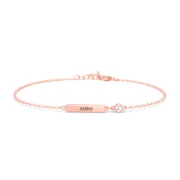 Engravable Bar Bracelet with Bezel Set Stone in 10K Solid Rose Gold with Aquamarine