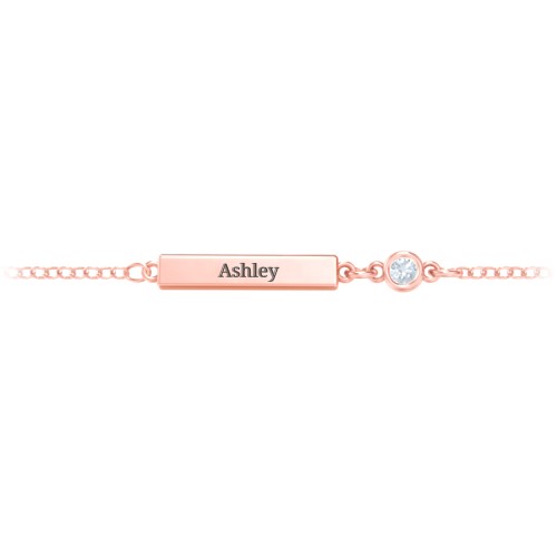 Engravable Bar Bracelet with Bezel Set Stone – 10K Rose Gold with Aquamarine