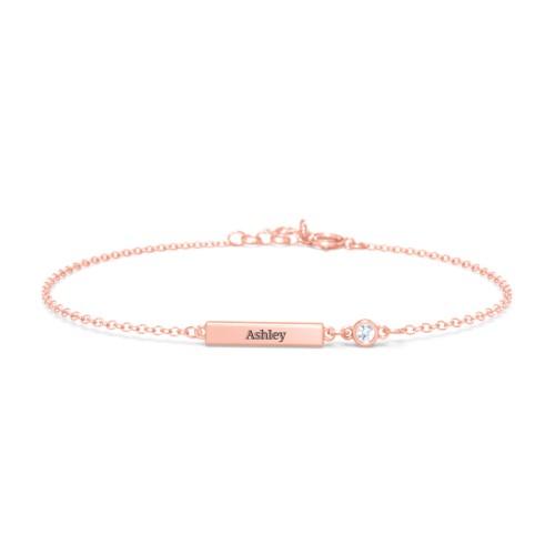 Engravable Bar Bracelet with Bezel Set Stone – 10K Rose Gold with Aquamarine