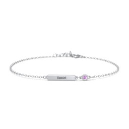Engravable Bar Bracelet with Bezel Set Stone in 925 Sterling Silver with Amethyst
