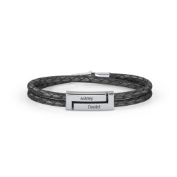 Engravable Sterling Silver Rectangle Leather Bracelet in 925 Sterling Silver
