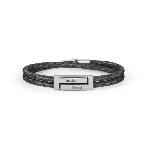 Engravable Sterling Silver Rectangle Leather Bracelet – Sterling Silver