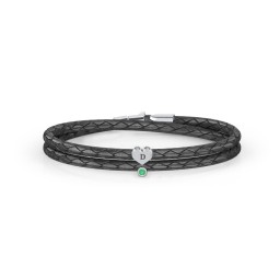 Engravable Sterling Silver Heart & Gemstone Leather Bracelet in 925 Sterling Silver with Emerald