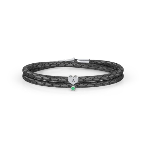 Engravable Sterling Silver Heart & Gemstone Leather Bracelet – Sterling Silver with Emerald