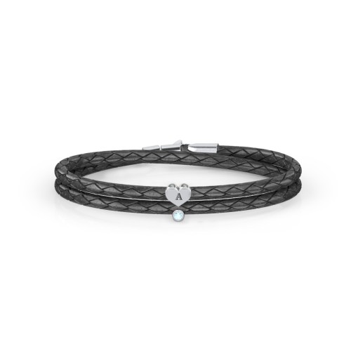 Engravable Sterling Silver Heart & Gemstone Leather Bracelet – Sterling Silver with Blue Topaz