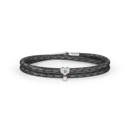 Engravable Sterling Silver Heart & Gemstone Leather Bracelet in 925 Sterling Silver with Pink Tourmaline