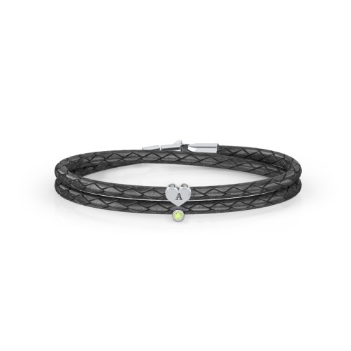 Engravable Sterling Silver Heart & Gemstone Leather Bracelet – Sterling Silver with Peridot
