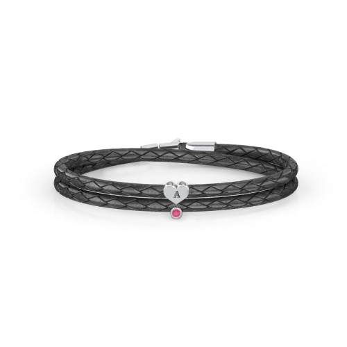 Engravable Sterling Silver Heart & Gemstone Leather Bracelet – Sterling Silver with Ruby