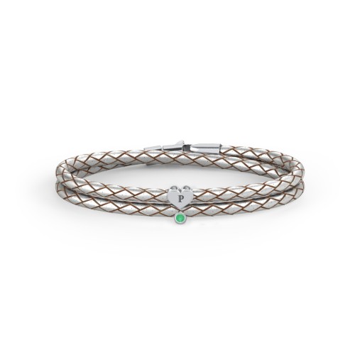 Engravable Sterling Silver Heart & Gemstone Leather Bracelet – Sterling Silver with Emerald