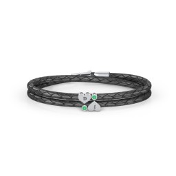 Engravable Sterling Silver Heart & Gemstone Leather Bracelet - 2 in 925 Sterling Silver with Emerald