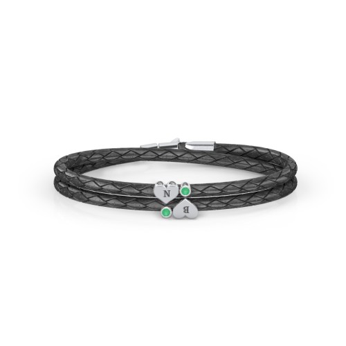Engravable Sterling Silver Heart & Gemstone Leather Bracelet - 2 – Sterling Silver with Emerald