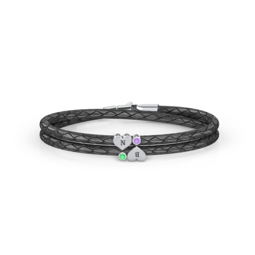 Engravable Sterling Silver Heart & Gemstone Leather Bracelet - 2 – Sterling Silver with Emerald and Amethyst