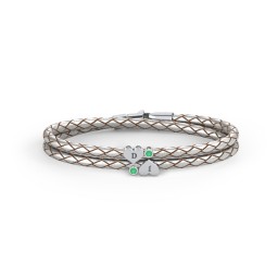 Engravable Sterling Silver Heart & Gemstone Leather Bracelet - 2 in 925 Sterling Silver with Emerald