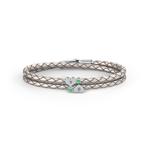 Engravable Sterling Silver Heart & Gemstone Leather Bracelet - 2 – Sterling Silver with Emerald