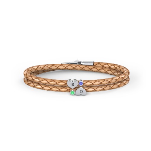 Engravable Sterling Silver Heart & Gemstone Leather Bracelet - 2 – Sterling Silver with Emerald and Blue Sapphire