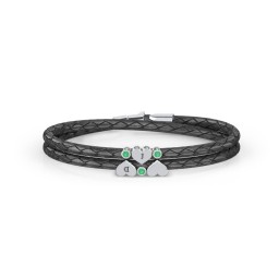 Engravable Sterling Silver Heart & Gemstone Leather Bracelet -3 in 925 Sterling Silver with Emerald