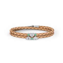 Engravable Sterling Silver Heart & Gemstone Leather Bracelet -3 in 925 Sterling Silver with Emerald