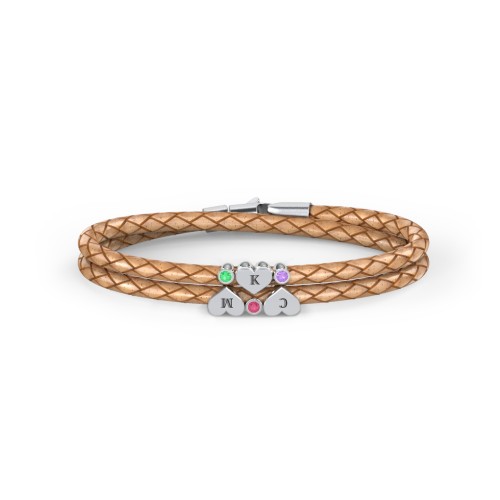 Engravable Sterling Silver Heart & Gemstone Leather Bracelet -3 – Sterling Silver with Emerald, Ruby, and Amethyst