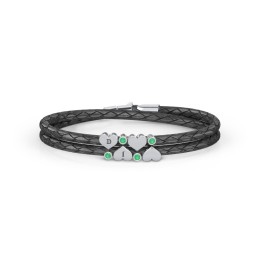Engravable Sterling Silver Heart & Gemstone Leather Bracelet - 4 in 925 Sterling Silver with Emerald