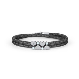 Engravable Sterling Silver Heart & Gemstone Leather Bracelet - 4 in 925 Sterling Silver with Blue Topaz