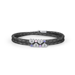 Engravable Sterling Silver Heart & Gemstone Leather Bracelet - 4 in 925 Sterling Silver with Blue Sapphire, Fancy Pink Premium Zirconia, Amethyst Premium Zirconia, and Fancy Blue Premium Zirconia