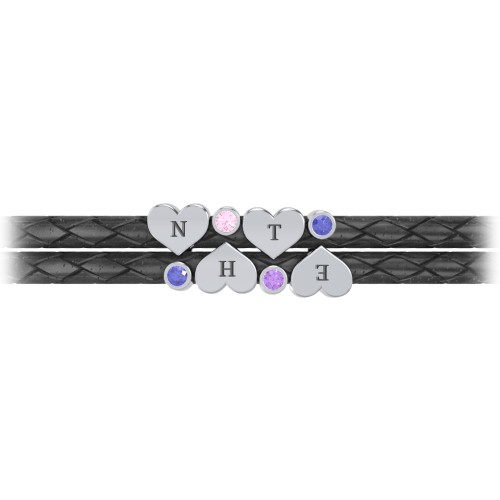 Engravable Sterling Silver Heart & Gemstone Leather Bracelet - 4 – Sterling Silver with Blue Sapphire, Pink Tourmaline, and Amethyst