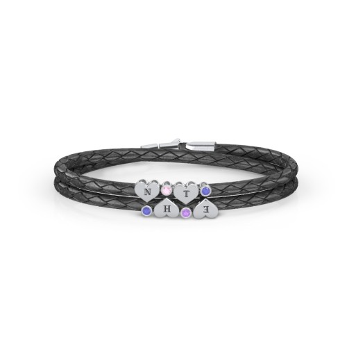 Engravable Sterling Silver Heart & Gemstone Leather Bracelet - 4 – Sterling Silver with Blue Sapphire, Pink Tourmaline, and Amethyst