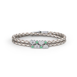 Engravable Sterling Silver Heart & Gemstone Leather Bracelet - 4 in 925 Sterling Silver with Emerald
