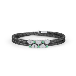 Engravable Sterling Silver Heart & Gemstone Leather Bracelet - 5 in 925 Sterling Silver with Emerald