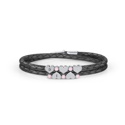 Engravable Sterling Silver Heart & Gemstone Leather Bracelet - 5 in 925 Sterling Silver with Pink Tourmaline