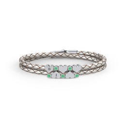 Engravable Sterling Silver Heart & Gemstone Leather Bracelet - 5 in 925 Sterling Silver with Emerald