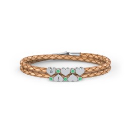 Engravable Sterling Silver Heart & Gemstone Leather Bracelet - 5 in 925 Sterling Silver with Emerald