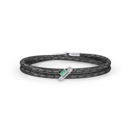 Engravable Sterling Silver Bar & Baguette Leather Bracelet in 925 Sterling Silver with Emerald