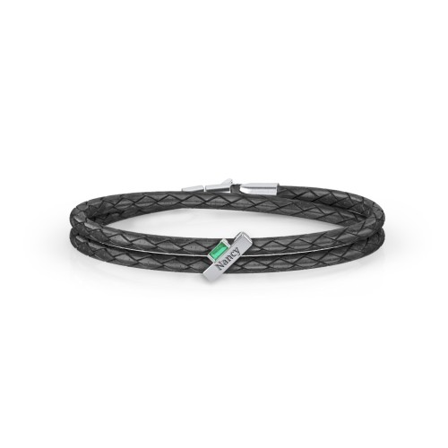 Engravable Sterling Silver Bar & Baguette Leather Bracelet – Sterling Silver with Emerald