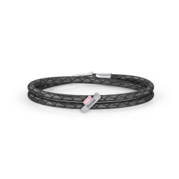 Engravable Sterling Silver Bar & Baguette Leather Bracelet in 925 Sterling Silver with Pink Tourmaline