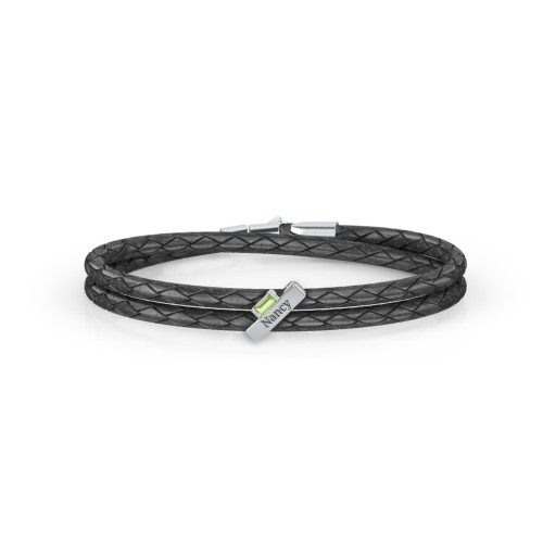 Engravable Sterling Silver Bar & Baguette Leather Bracelet – Sterling Silver with Peridot