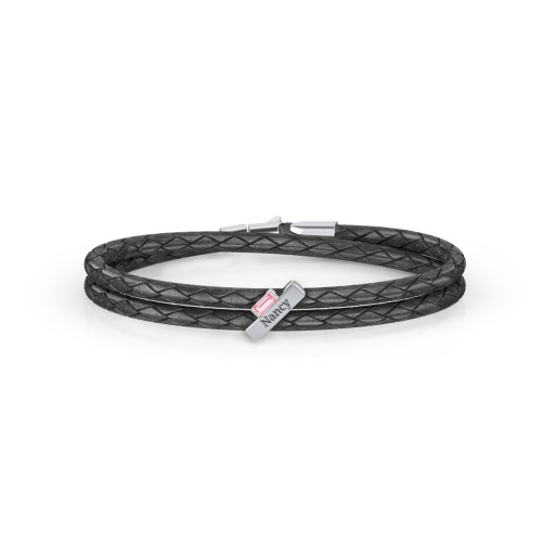 Engravable Sterling Silver Bar & Baguette Leather Bracelet – Sterling Silver with Pink Tourmaline
