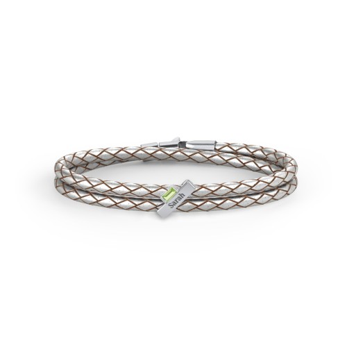 Engravable Sterling Silver Bar & Baguette Leather Bracelet