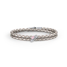Engravable Sterling Silver Bar & Baguette Leather Bracelet in 925 Sterling Silver with Pink Tourmaline