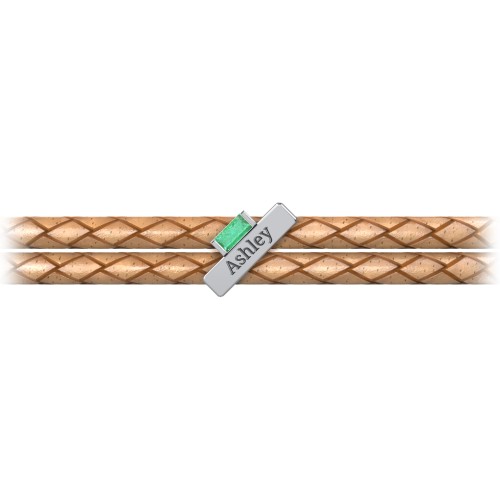 Engravable Sterling Silver Bar & Baguette Leather Bracelet – Sterling Silver with Emerald