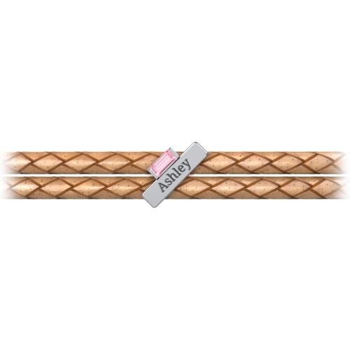 Engravable Sterling Silver Bar & Baguette Leather Bracelet – Sterling Silver with Pink Tourmaline