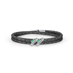Engravable Sterling Silver Bar & Baguette Leather Bracelet - 2 in 925 Sterling Silver with Emerald