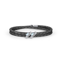 Engravable Sterling Silver Bar & Baguette Leather Bracelet - 2 in 925 Sterling Silver with Blue Topaz