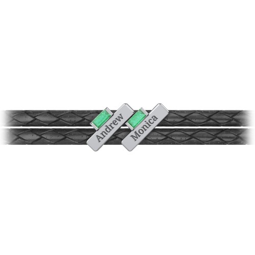 Engravable Sterling Silver Bar & Baguette Leather Bracelet - 2 – Sterling Silver with Emerald