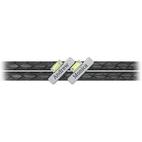 Engravable Sterling Silver Bar & Baguette Leather Bracelet - 2
