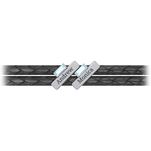 Engravable Sterling Silver Bar & Baguette Leather Bracelet - 2 – Sterling Silver with Blue Topaz