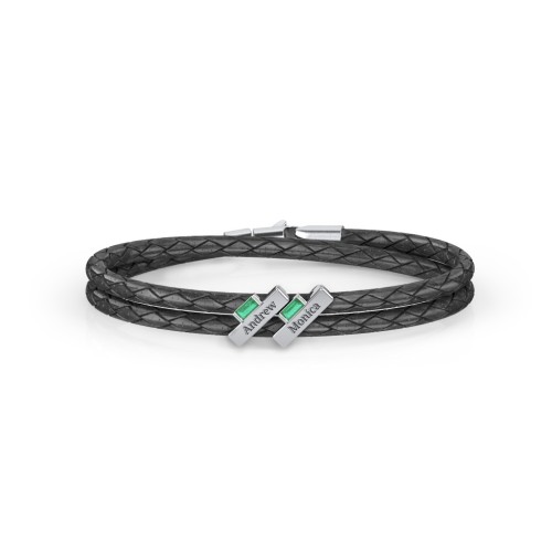Engravable Sterling Silver Bar & Baguette Leather Bracelet - 2 – Sterling Silver with Emerald