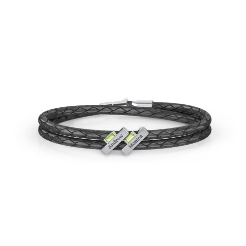 Engravable Sterling Silver Bar & Baguette Leather Bracelet - 2