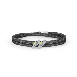 Engravable Sterling Silver Bar & Baguette Leather Bracelet - 2 in 925 Sterling Silver with Peridot