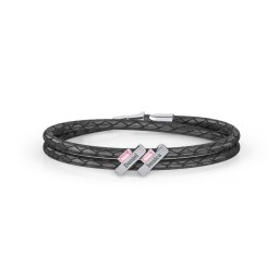 Engravable Sterling Silver Bar & Baguette Leather Bracelet - 2 in 925 Sterling Silver with Pink Tourmaline